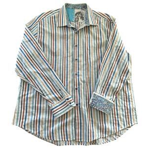 Robert Graham Shirt Mens 3XL Color Striped Paisley Embroidered Cotton Flip Cuff